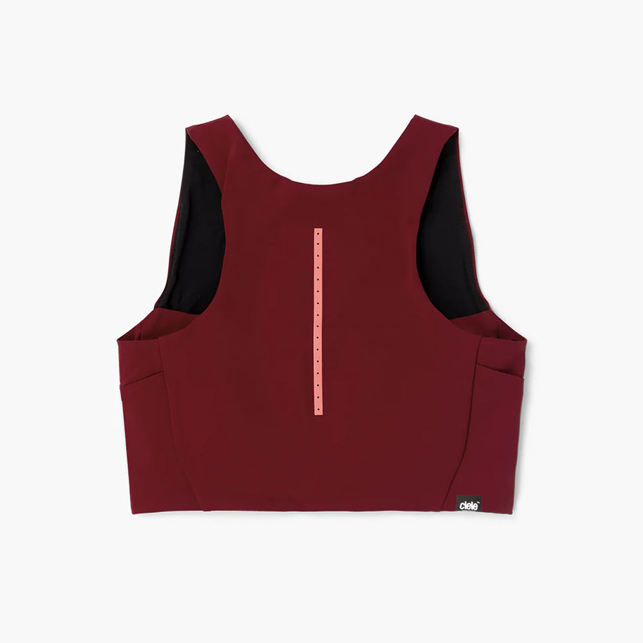 FST Bra - Women by Ciele in dark red and black, medium-support, lightweight race-ready sports bra with functional storage for running