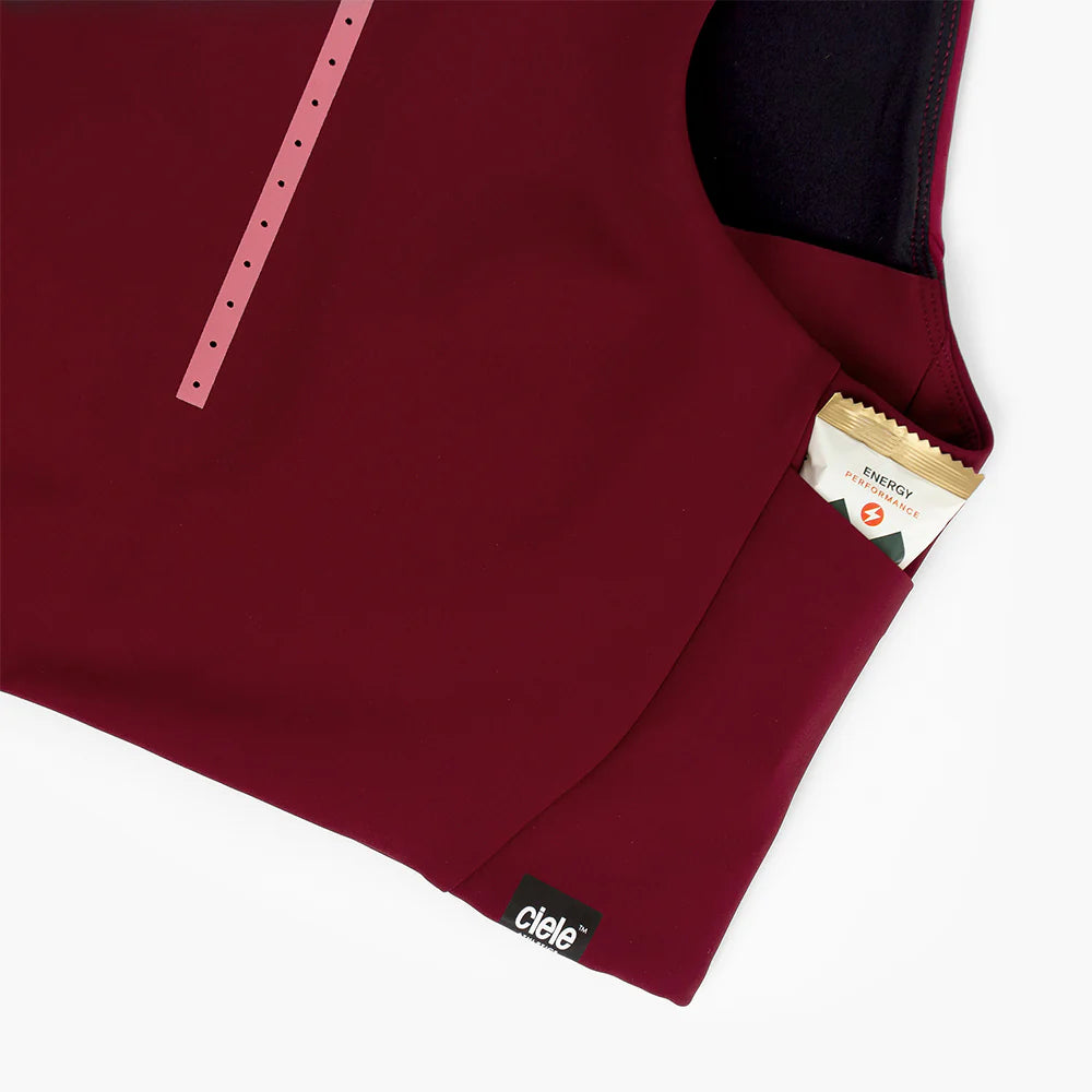FST Bra - Women by Ciele in dark red with medium support, lightweight comfort, and functional storage for running and racing