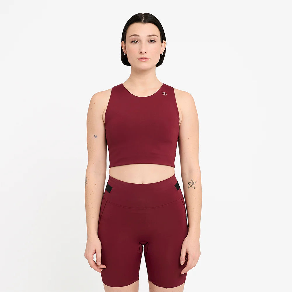 FST Bra - Women by Ciele in deep red, medium-support sports bra with lightweight comfort and storage, designed for running performance.