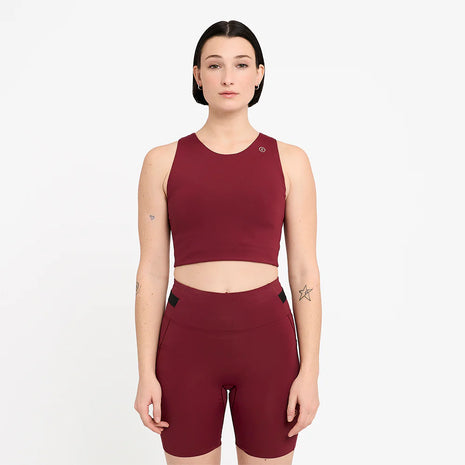 FST Bra - Women by Ciele in deep red, medium-support sports bra with lightweight comfort and storage, designed for running performance.