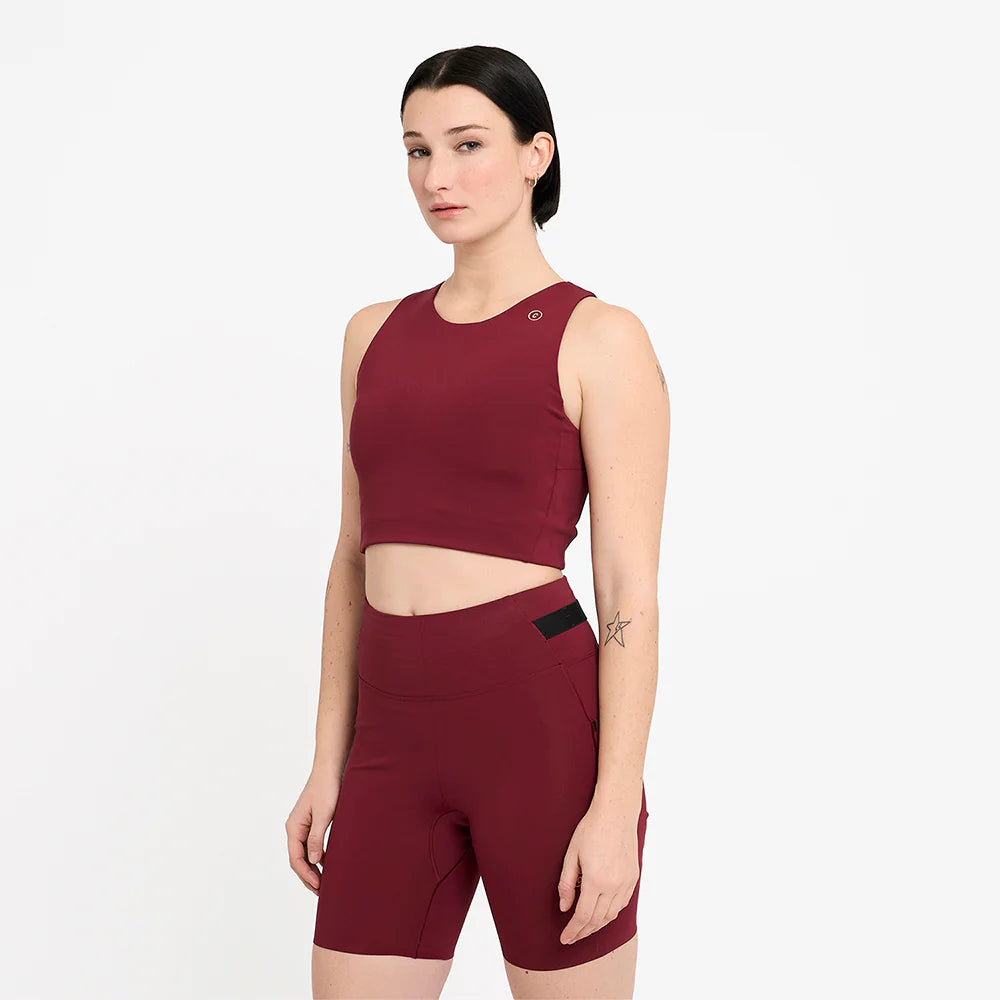 FST Bra - Women by Ciele in maroon, medium-support sports bra with lightweight comfort and functional storage for running in Canada