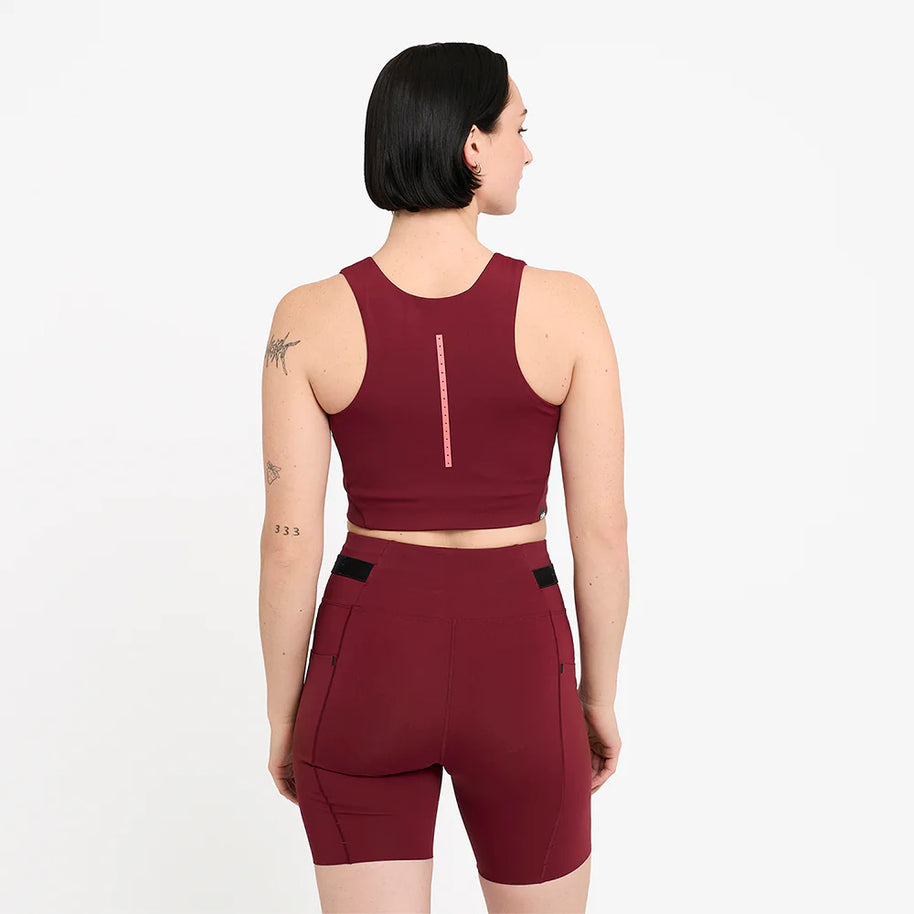FST Bra - Women by Ciele in dark red, medium-support race-ready sports bra with lightweight comfort and functional storage for running
