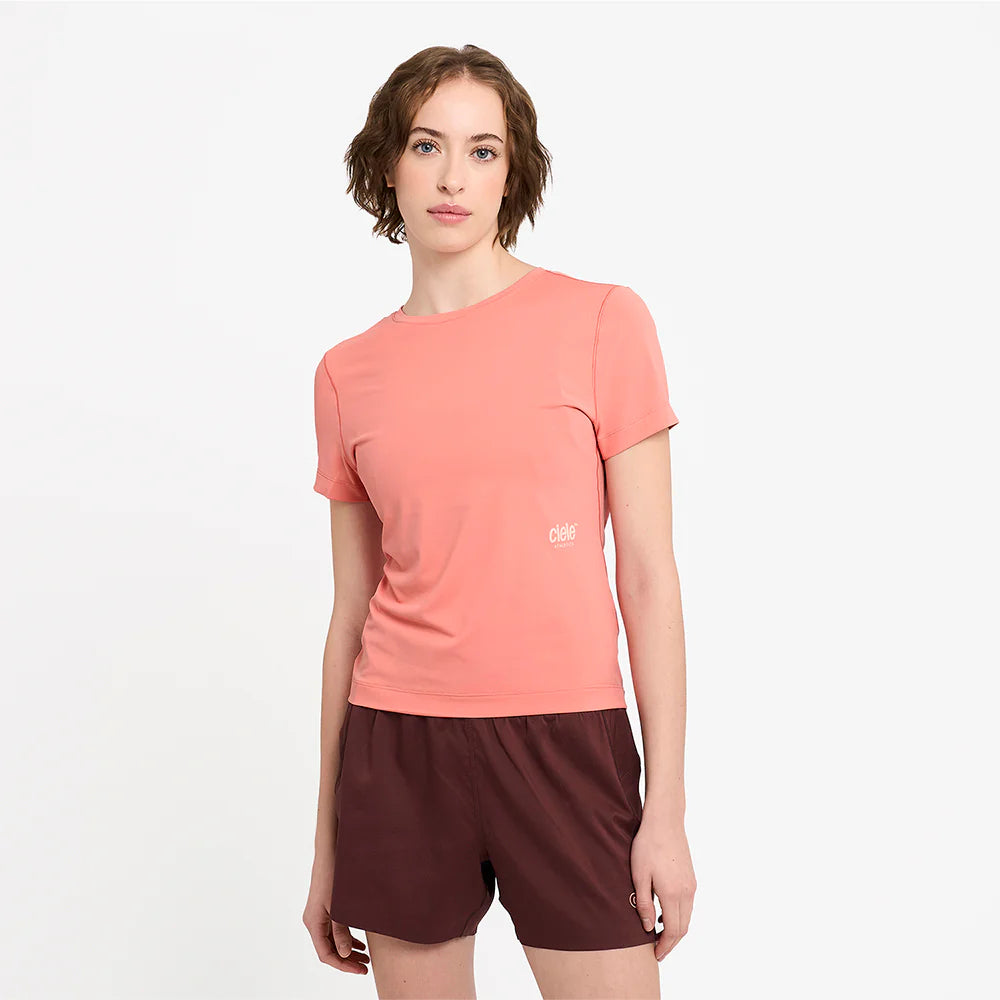 DLY T-Shirt - Women by Ciele in coral pink lightweight running tee designed for comfort and performance ideal for daily running and outdoor use