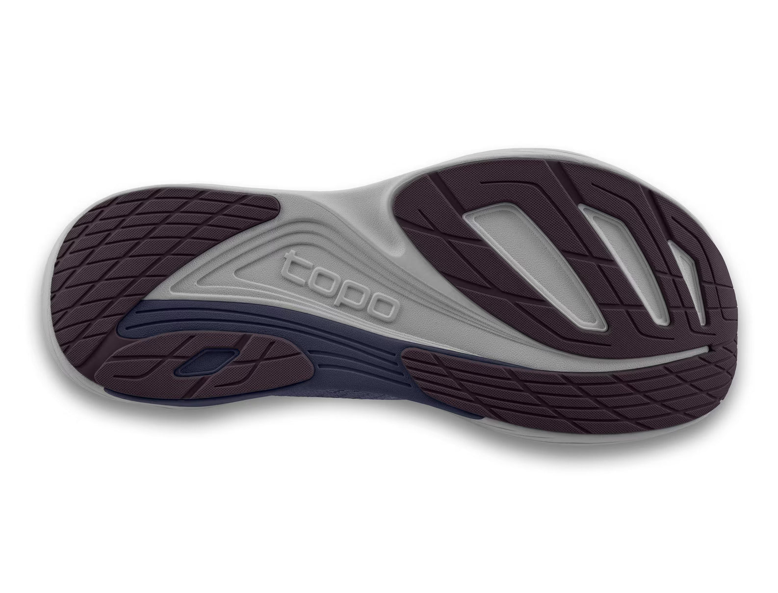 Ultrafly 5 - Women by Topo Athletic in grey and dark purple with cushioned sole and medial post for stable road running comfort