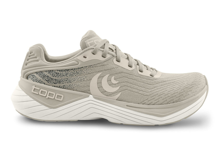 Topo Ultrafly 5 women's road running shoe in Tan/White, side view of tan upper and white midsole