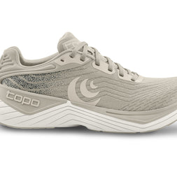 Topo Ultrafly 5 women's road running shoe in Tan/White, side view of tan upper and white midsole