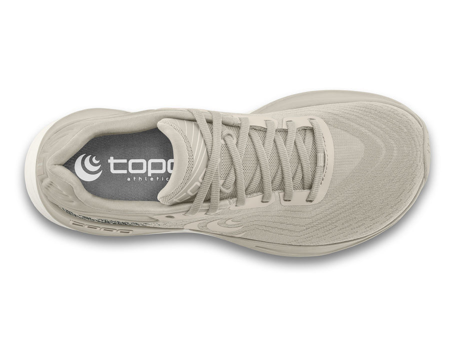 Top-down view of the Topo Ultrafly 5 women's road running shoe in Tan/White, showing the wide toe box