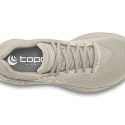 Top-down view of the Topo Ultrafly 5 women's road running shoe in Tan/White, showing the wide toe box
