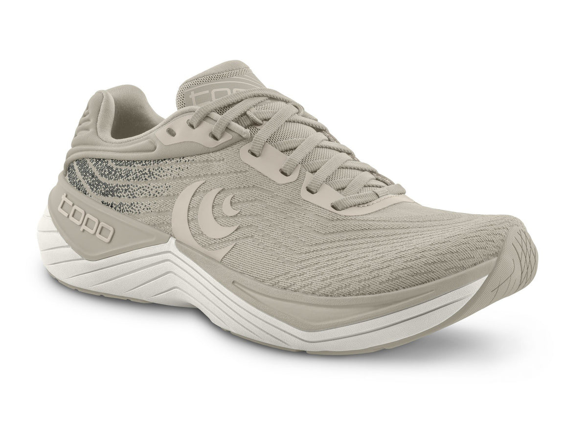 Topo Ultrafly 5 women's road running shoe in Tan/White, front three-quarter view