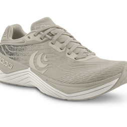 Topo Ultrafly 5 women's road running shoe in Tan/White, front three-quarter view
