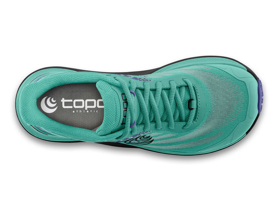 Ultraventure 4 - Women by Topo Athletic in teal with purple, plush platform and roomy toe box for comfortable trail running