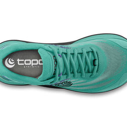 Ultraventure 4 - Women by Topo Athletic in teal with purple, plush platform and roomy toe box for comfortable trail running