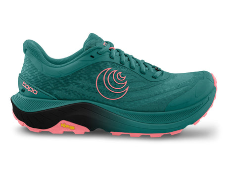 Topo Ultraventure 4 women's trail running shoe in Dark Teal/Pink, side view of teal upper with black and pink midsole