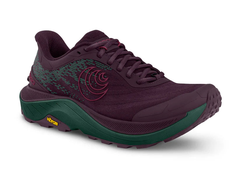 Ultraventure 4 - Women by Topo Athletic in dark purple and green, trail running shoe with plush platform and roomy toe box for comfort