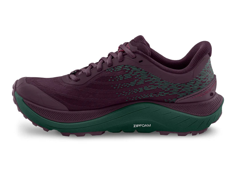 Ultraventure 4 - Women by Topo Athletic in dark purple and green trail running shoe with plush platform and roomy toe box for comfort and rugged use