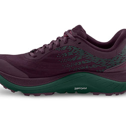 Ultraventure 4 - Women by Topo Athletic in dark purple and green trail running shoe with plush platform and roomy toe box for comfort and rugged use