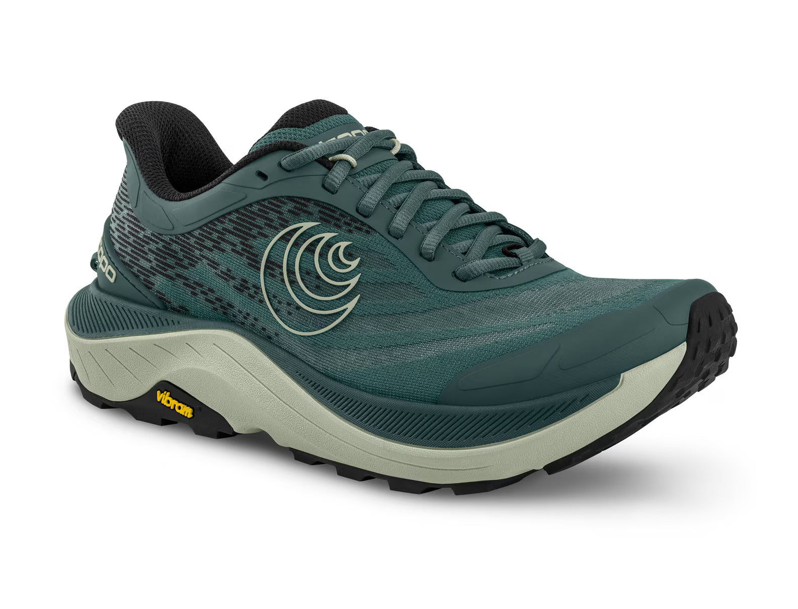 Ultraventure 4 - Women by Topo Athletic in green and black, plush platform trail running shoe with roomy toe box for comfort and performance