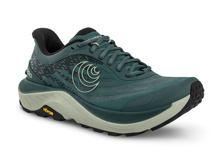 Ultraventure 4 - Women by Topo Athletic in green and black, plush platform trail running shoe with roomy toe box for comfort and performance