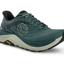 Ultraventure 4 - Women by Topo Athletic in green and black, plush platform trail running shoe with roomy toe box for comfort and performance