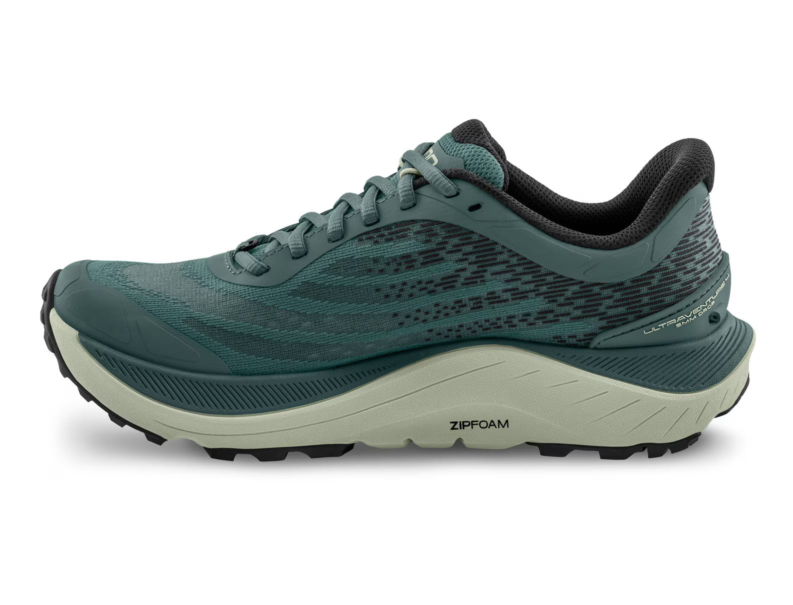 Ultraventure 4 - Women by Topo Athletic in green and black with plush platform and roomy toe box for comfortable trail running