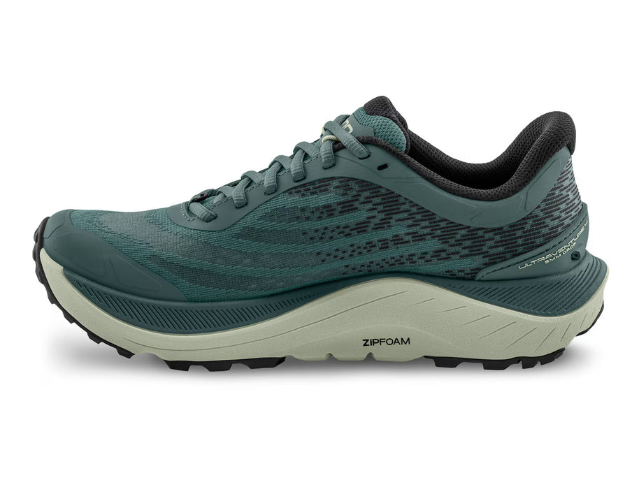 Ultraventure 4 - Women by Topo Athletic in green and black with plush platform and roomy toe box for comfortable trail running