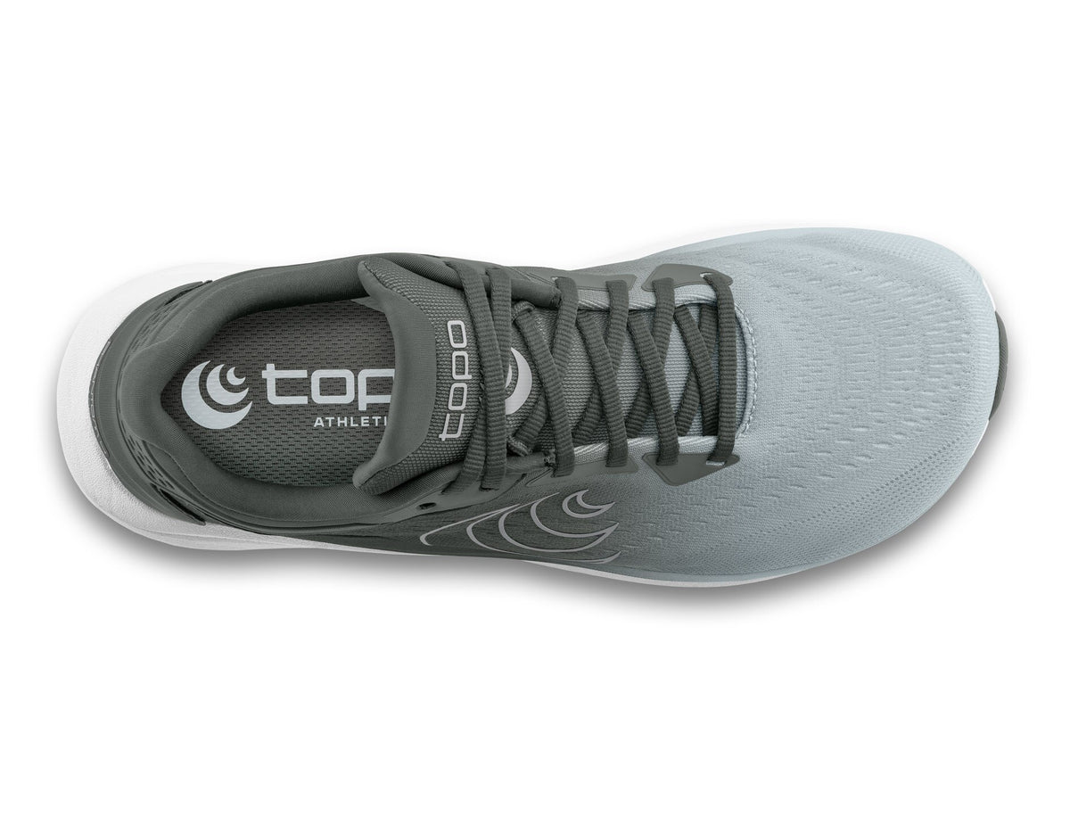 Top-down view of the Topo Phantom 4 women's road running shoe in Grey/Grey, showing the wide toe box