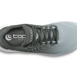 Top-down view of the Topo Phantom 4 women's road running shoe in Grey/Grey, showing the wide toe box