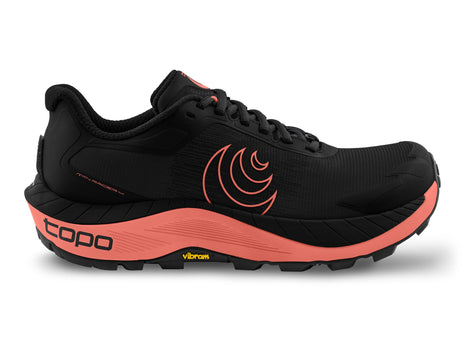 Topo MTN Racer 4 women's trail running shoe in Black/Rose, side view of black upper and coral midsole