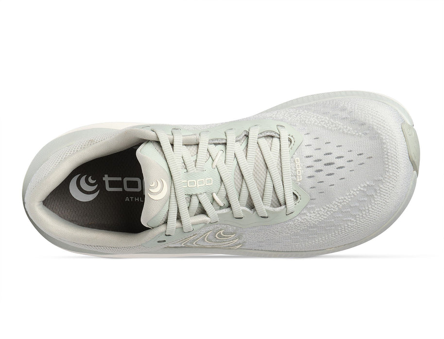Top-down view of the Topo Magnifly 6 women's road running shoe in Sage/Cream, showing the wide toe box