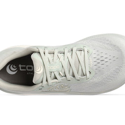 Top-down view of the Topo Magnifly 6 women's road running shoe in Sage/Cream, showing the wide toe box