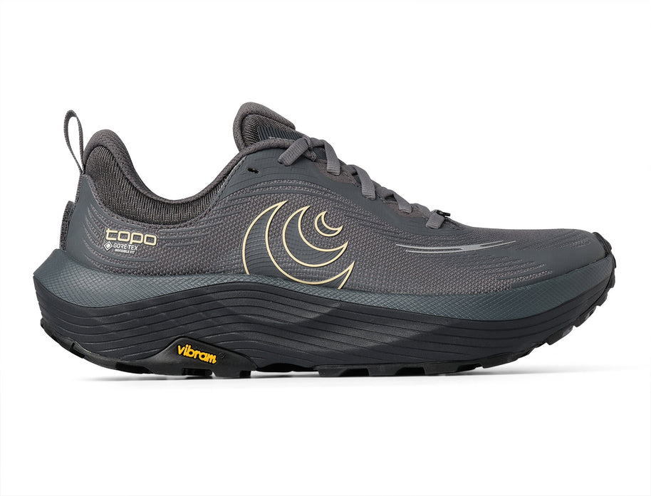Topo Ultraventure 5 GTX women's trail running shoe in Grey/Butter, side view of grey upper with butter logo