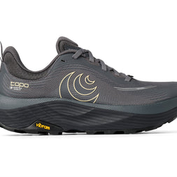 Topo Ultraventure 5 GTX women's trail running shoe in Grey/Butter, side view of grey upper with butter logo