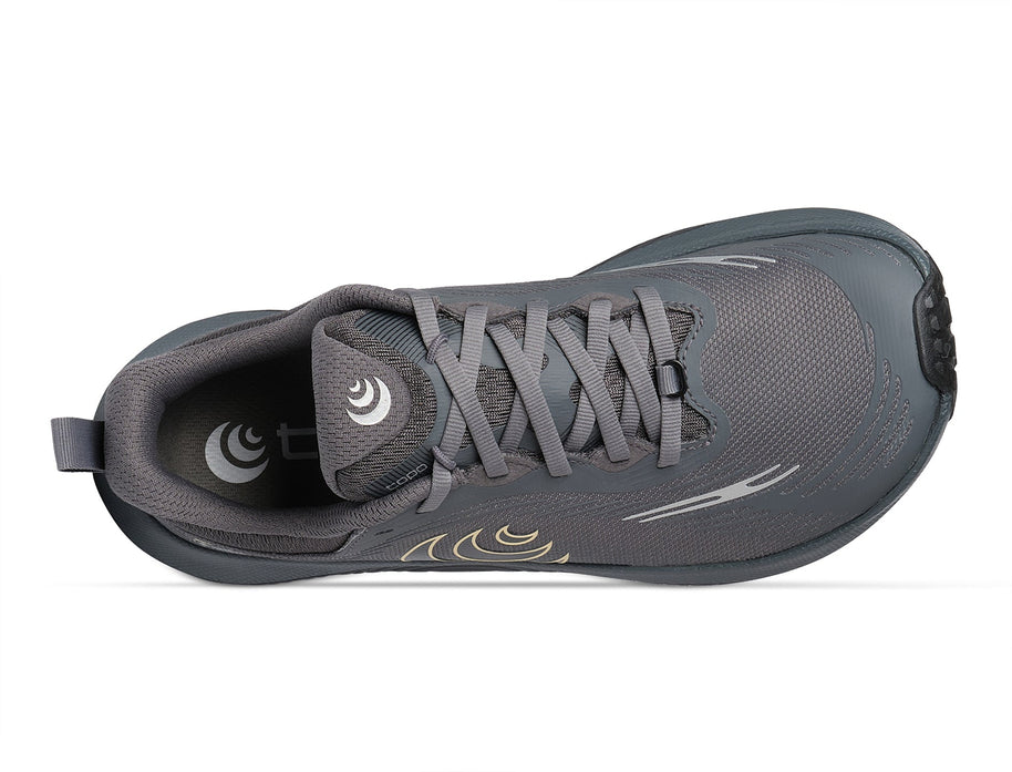 Top-down view of the Topo Ultraventure 5 GTX women's trail running shoe in Grey/Butter showing grey laces
