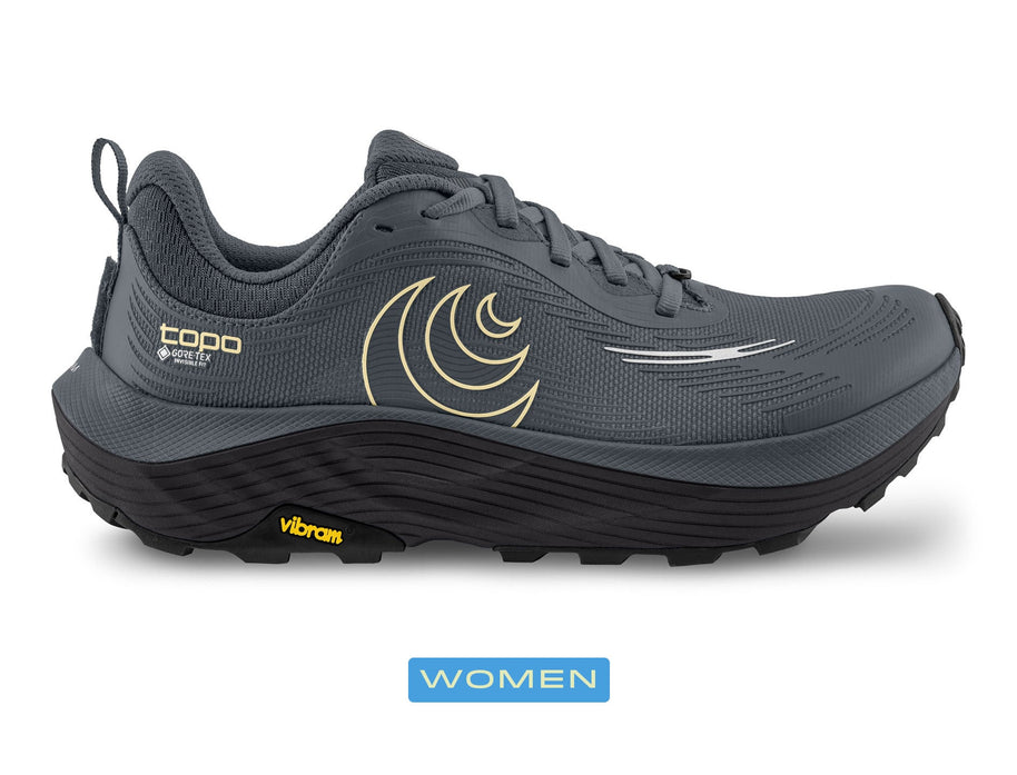 Topo Ultraventure 5 GTX women's trail shoe in Grey/Butter, side view with a blue Women label below