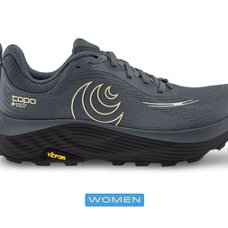 Topo Ultraventure 5 GTX women's trail shoe in Grey/Butter, side view with a blue Women label below