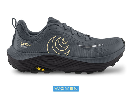 Topo Ultraventure 5 GTX women's trail shoe in Grey/Butter, side view with a blue Women label below