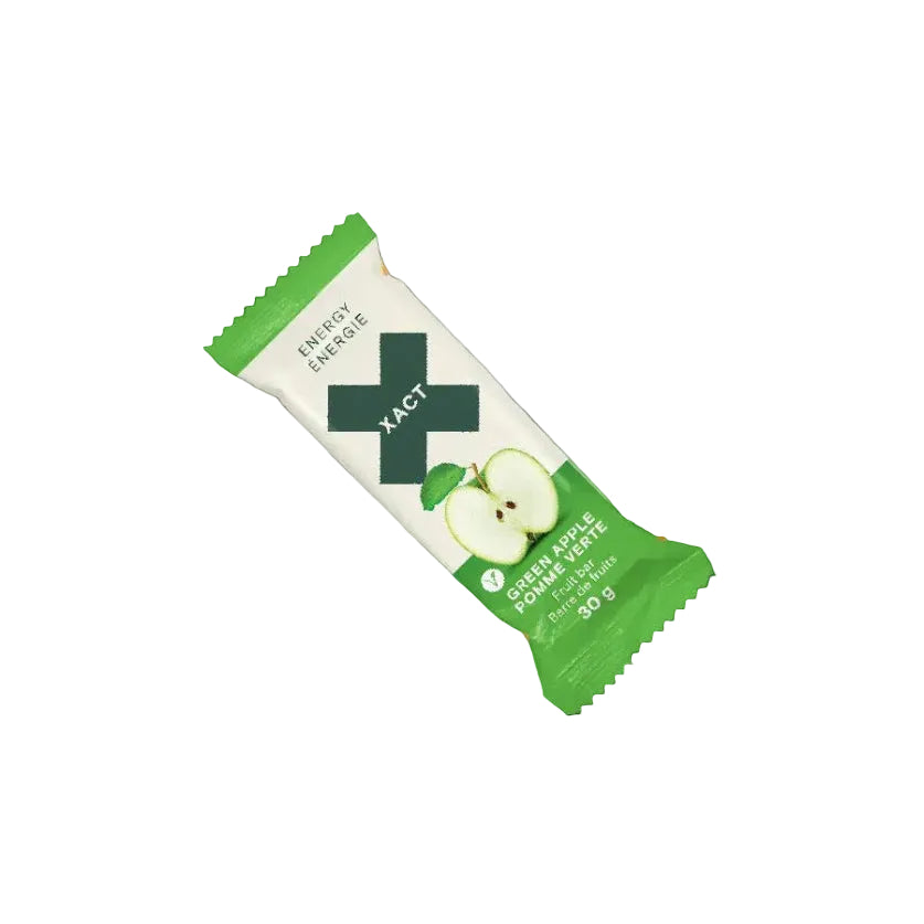 Energy Fruit Bars by Xact in green and white packaging, natural energy bar with green apple flavor, ideal for running and outdoor nutrition in Canada