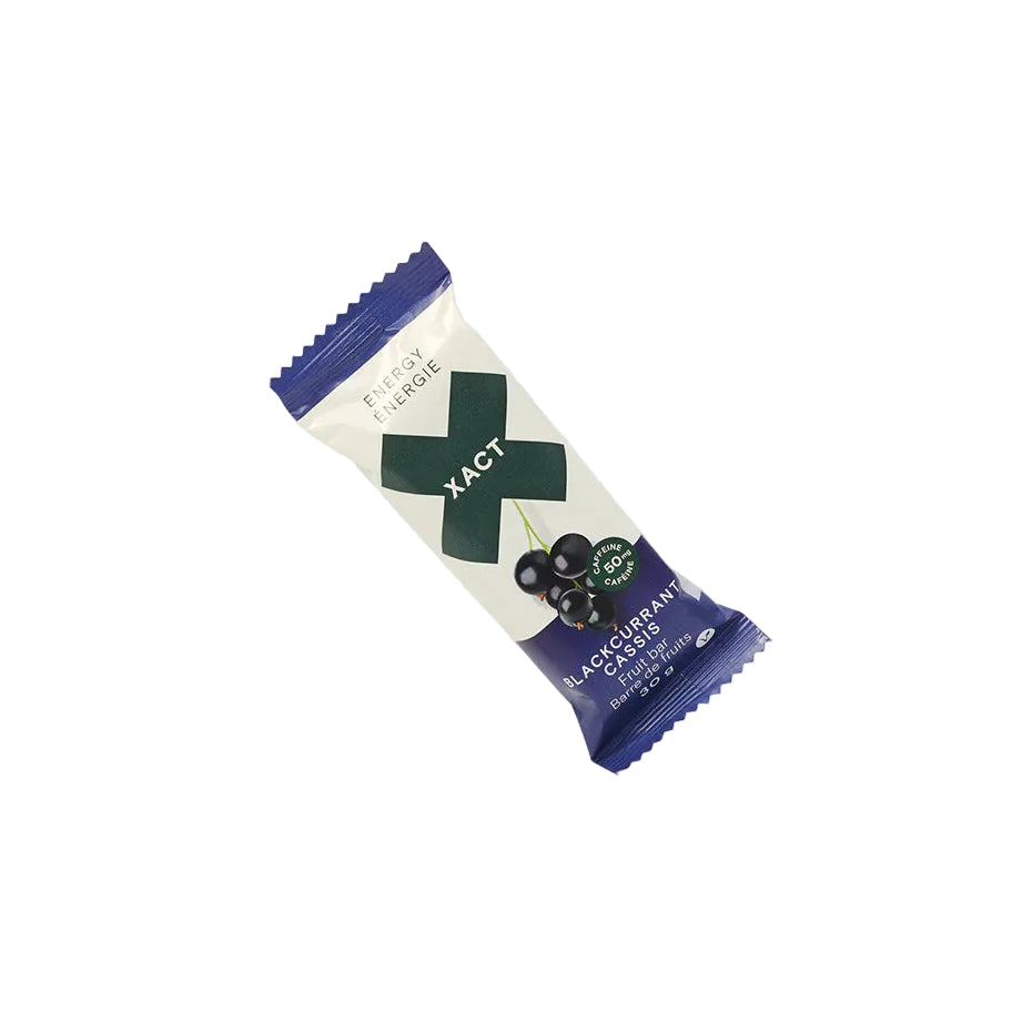 Energy Fruit Bars by Xact in black and white packaging, natural nutrition bar for energy replenishment ideal for running and outdoor use