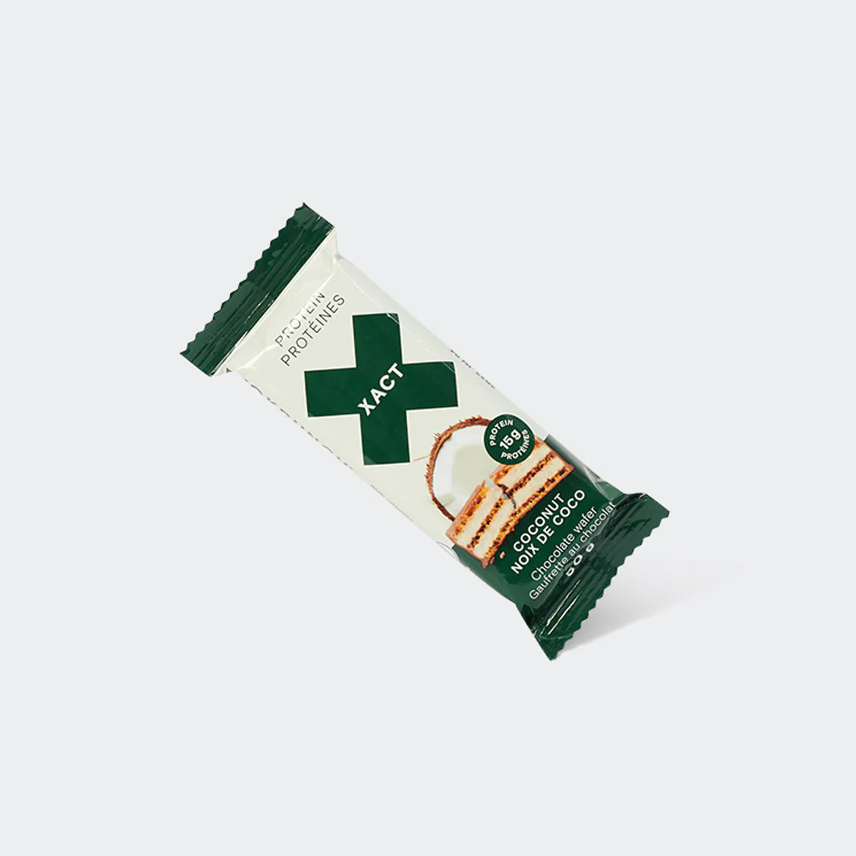 Protein Wafer by Xact in white and green packaging, coconut flavoured choc-coated wafer, light crunchy texture for muscle recovery post training