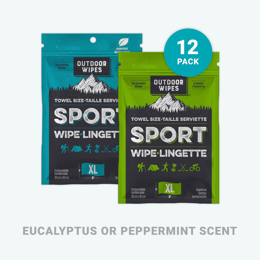 Sport Wipes by Outdoor Wipes in green and blue packaging, XL size, eucalyptus or peppermint scent, body care for outdoor use