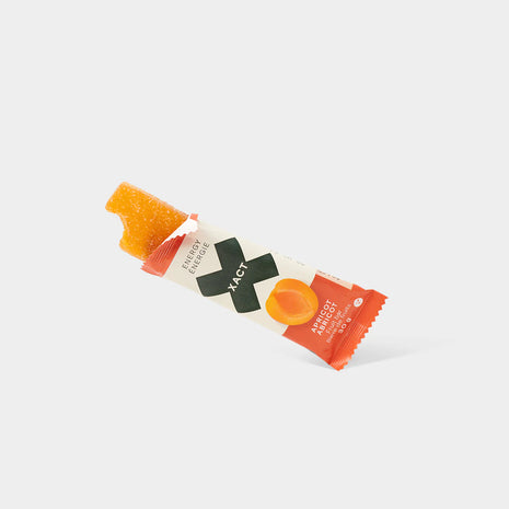Energy Fruit Bars apricot flavor by Xact in orange packaging, natural energy snack made in Canada for active nutrition