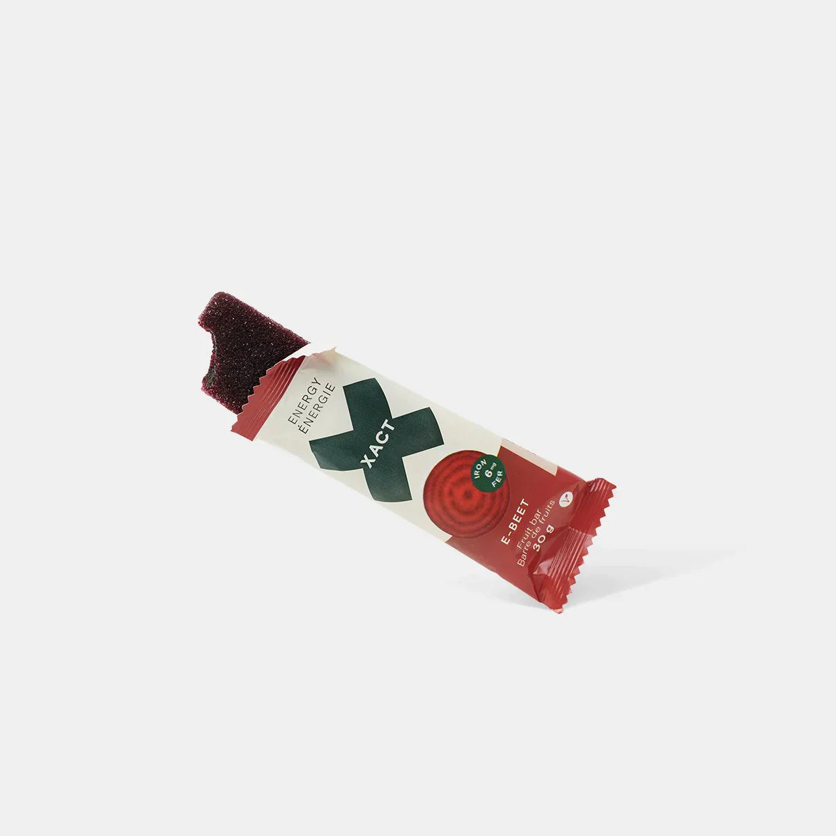 Energy Fruit Bars by Xact in red and white packaging, natural energy fruit bar with beet flavor for nutrition and quick energy boost