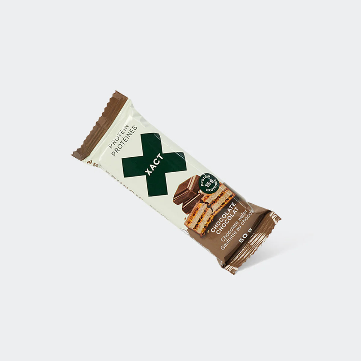 Protein Wafer by Xact in chocolate brown and cream, crunchy light protein snack for muscle recovery after training or racing in Canada