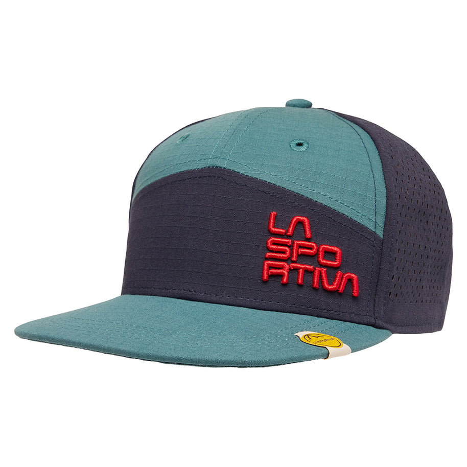 Traverse Trucker by La Sportiva in teal and navy with red logo, crush-resistant hat with adjustable webbing for sun protection and style