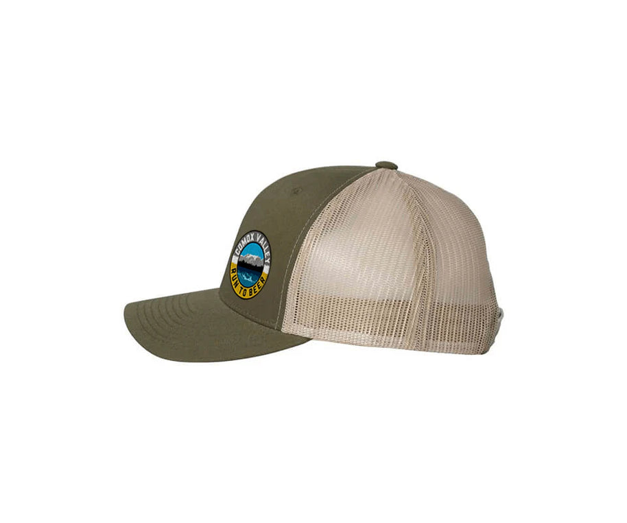 Run to Beer Hats (2025) in olive and beige by Run To Beer, mesh back hat supporting event costs and outdoor running community use