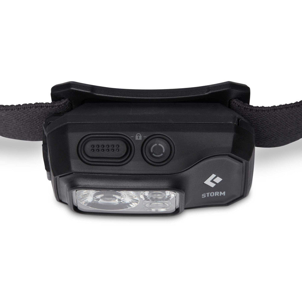 Storm 450 Headlamp by Black Diamond in black, dual-fuel waterproof headlamp with high brightness for rugged outdoor adventures