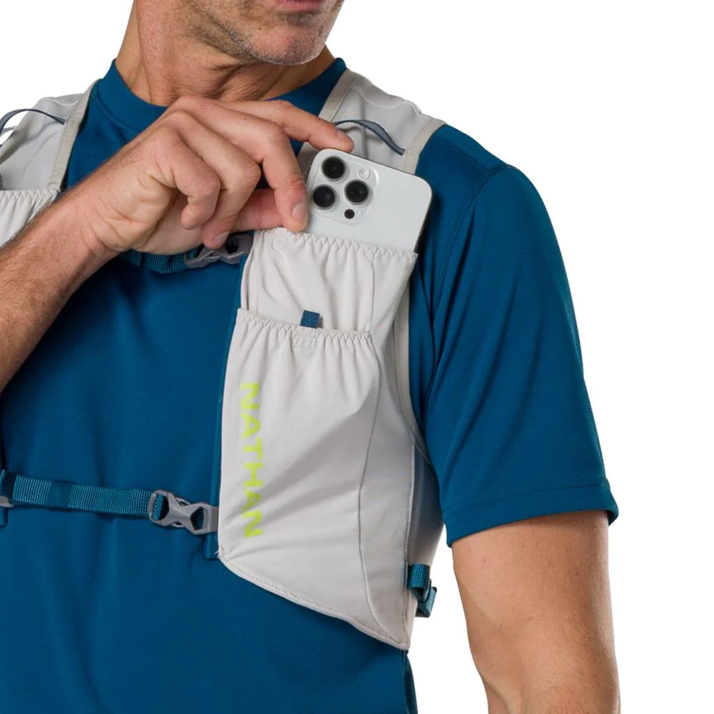 Pinnacle Run Lite Vest by Nathan in light grey with breathable, ultra-light hydration vest designed for road and trail running storage