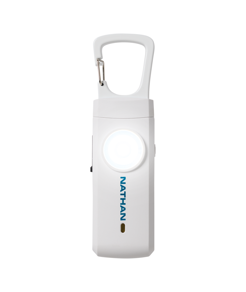 Siren LED Alarm RX by Nathan in white with rechargeable battery, USB-C charging, bright LED light, and emergency alarm for personal safety