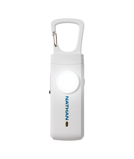 Siren LED Alarm RX by Nathan in white with rechargeable battery, USB-C charging, bright LED light, and emergency alarm for personal safety