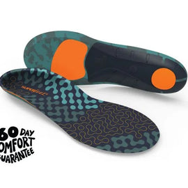 Run Cushion High insoles by Superfeet in blue and black with orange accents, cushioned flexible insoles for maximum comfort and support